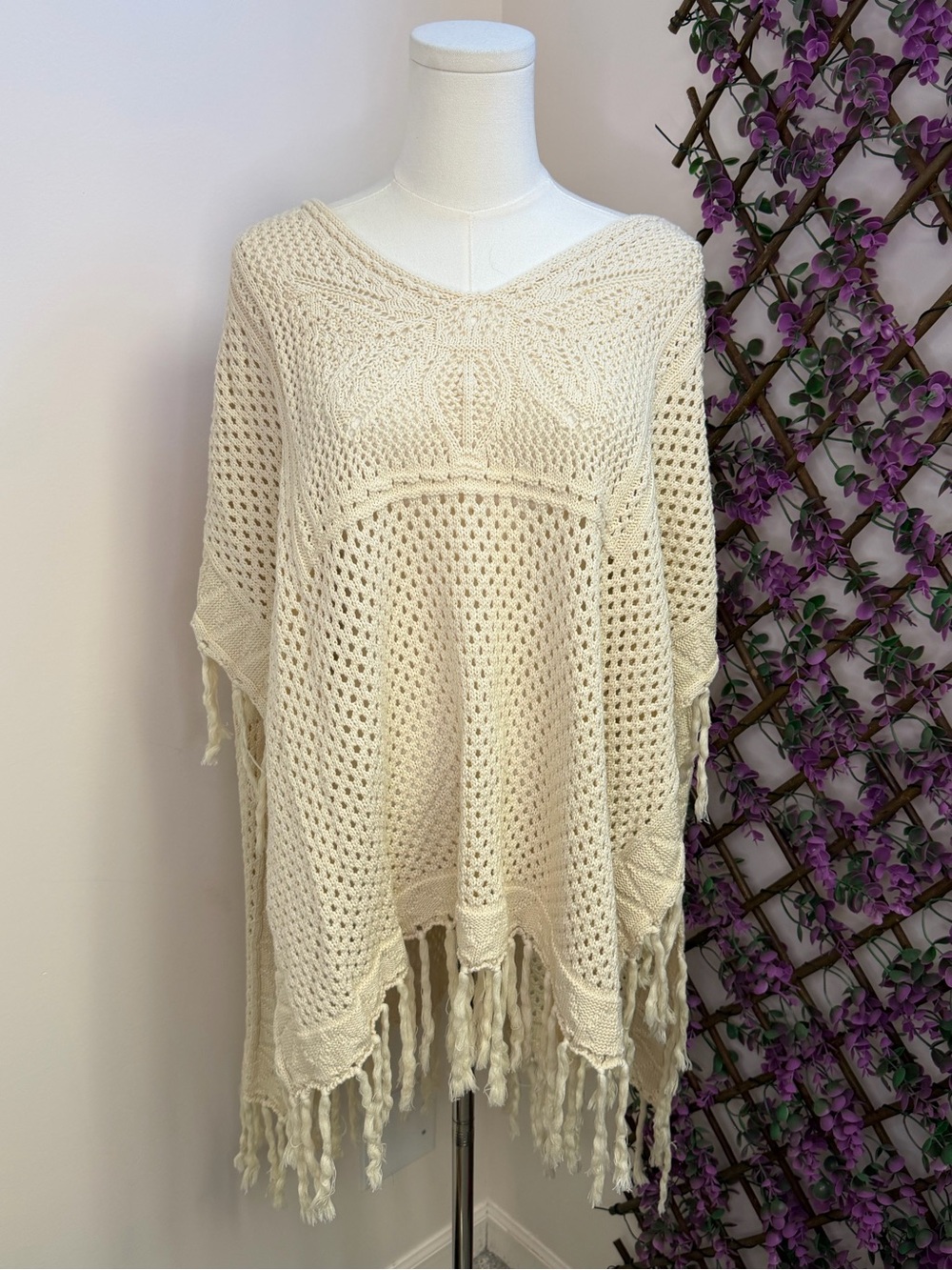 Cream Open-Knit Fringe Poncho - Women